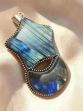 Labradorite Star and Crescent Moon Pendant Blue Gold Flash 3.25"